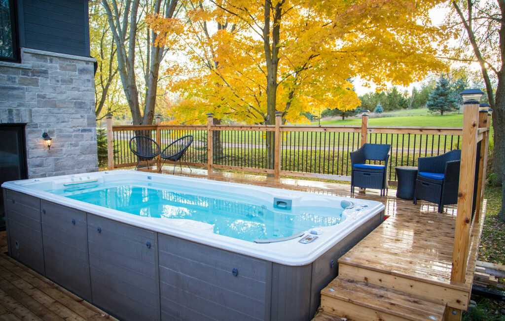 swimlife swim spa with built around deck installation